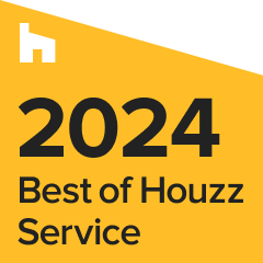 Yellow triangle with "2021 Best of Houzz Service" in bold black text and a white house icon in the corner.